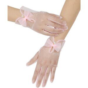 Women's Light Pink Bow Tulle Pearls Mesh Tea Short Gloves Party Prom Accessories